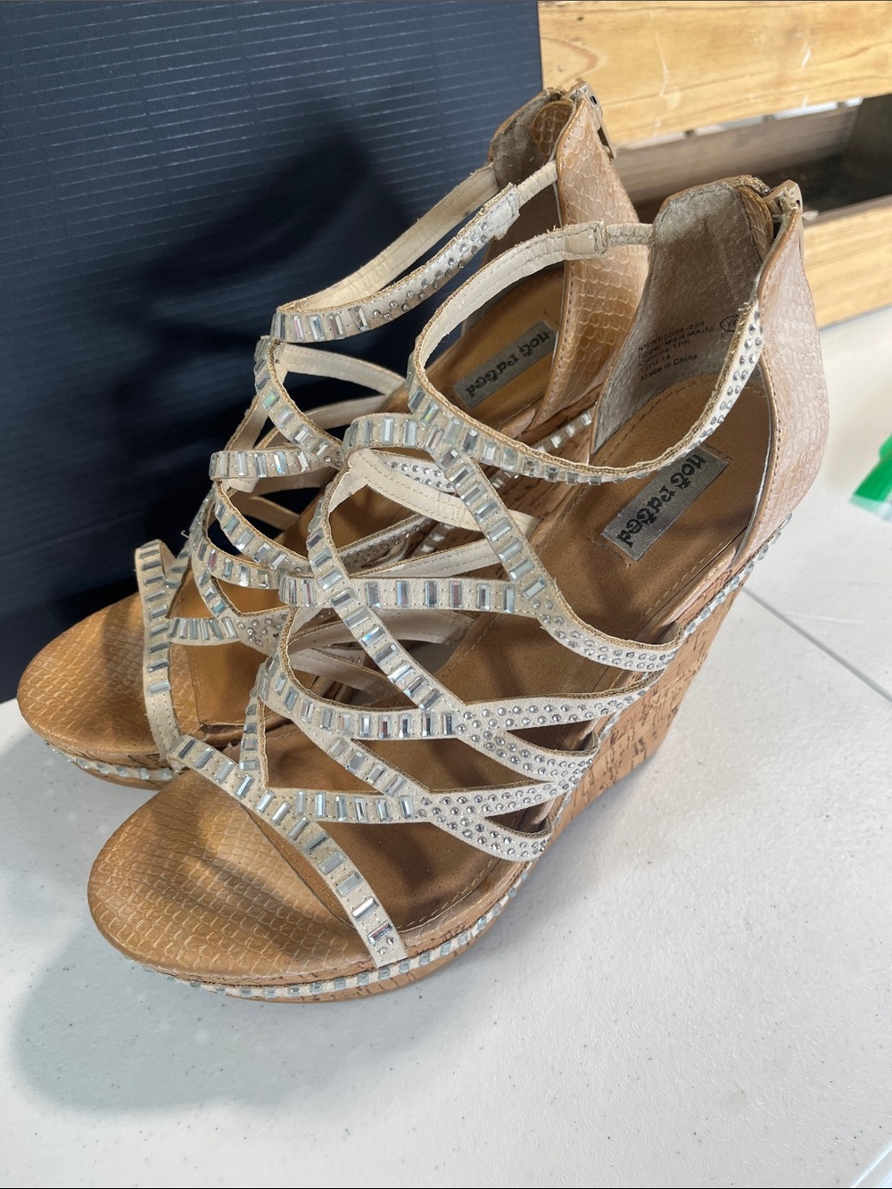 Not Rated Beige T-Strap Crystal Embellished Wedge Sandals